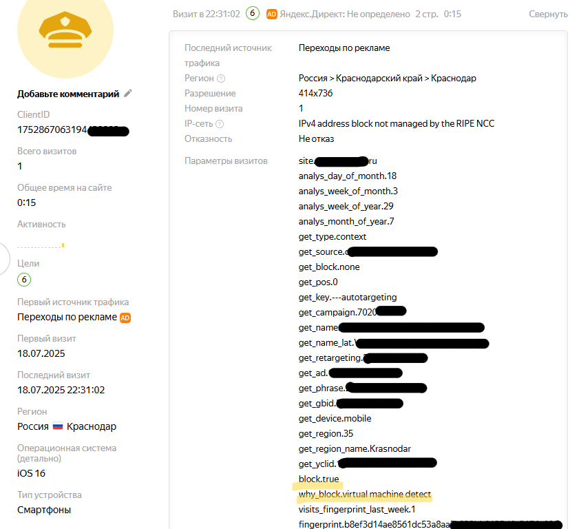 Пример профиля посетителя в Яндекс Метрике. Фиксация параметров посетителя для аналитики. Обнаружение бота - виртуальной машины (одним из тегов).