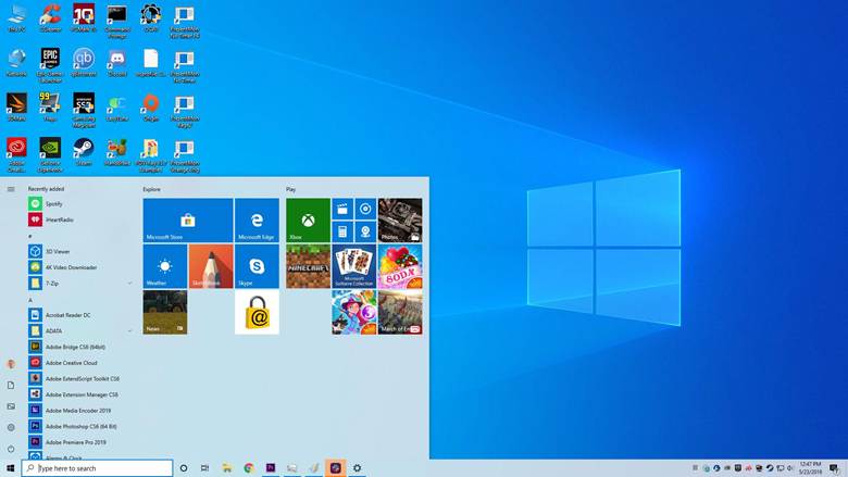 A screenshot of the default Windows 10 desktop, showing the Start Menu expanded.