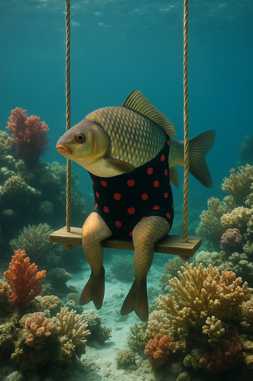Что? Карась. Как? В черном купальнике в красную точку. Где? На качелях, в море среди кораллов  