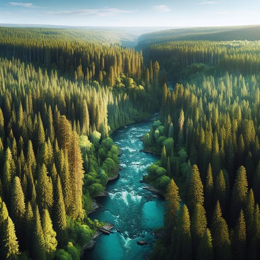 красивый хвойный лес:: 2 река через него:: 1.5 небо:: 1  