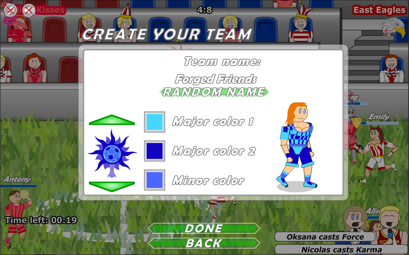 В игре был конструктор команд, где можно было сгенерировать забавное название, задать цвета и подобрать иконку.