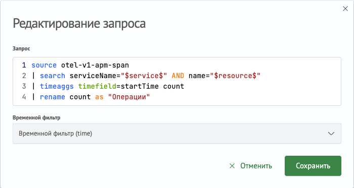 Пример запроса для диаграмма временного ряда операций