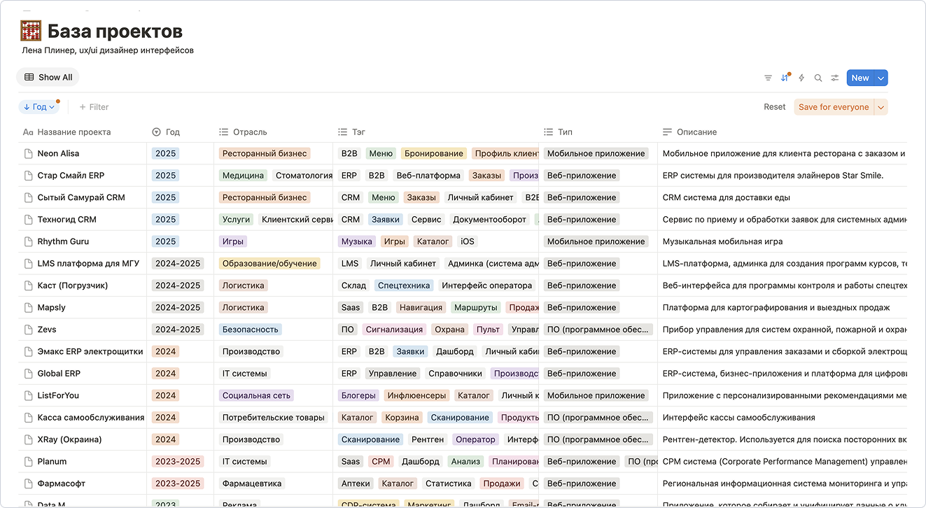 Скриншот моей базы проектов, где я указываю основные данные, помогающие мне быстро подобрать референсы: тематика проекта, основные теги, связанные с функционалом, описание проекта, ссылка на проект в Figma и так далее