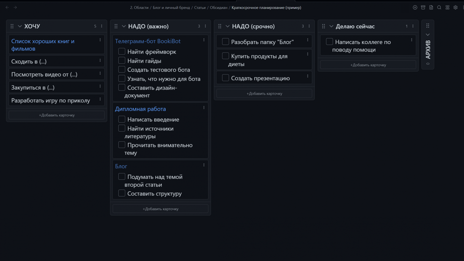 Структура Kanban-доски "Краткосрочное планирование"