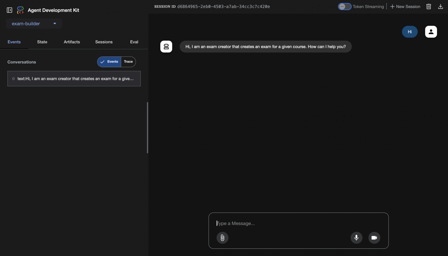 Рис. 1. Демонстрация работы агента в веб-интерфейсе Agent Development Kit. Видна инициализация сессии и первое сообщение от агента.