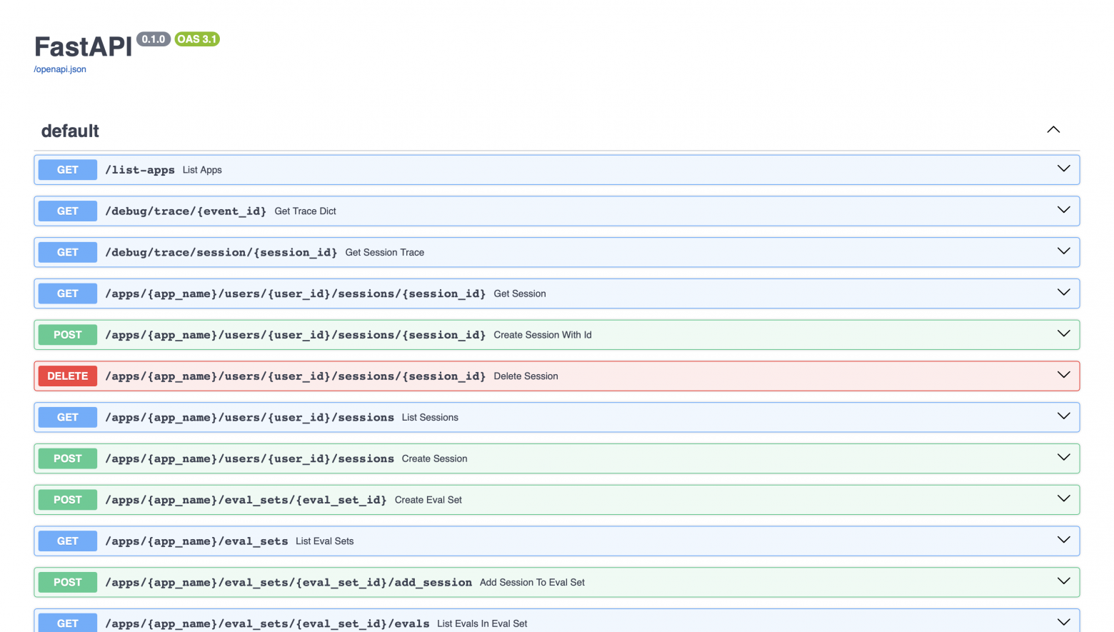 Рис. 3. OpenAPI-документация с полным списком доступных эндпоинтов FastAPI-сервера ADK, включая работу с сессиями, трассировкой, оценками и артефактами.