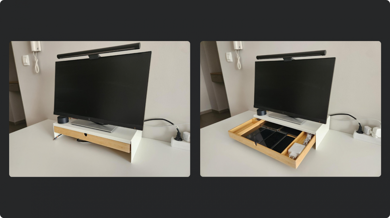 Это небольшой парк из шести тестовых устройств QAD тимлида Влада Алексеенко. Нужно, чтобы они всегда были под рукой, но при этом не лежали на столе просто так, а где-то хранились. Поэтому Влад использует икеевскую полку-подставку: на ней стоит монитор, а внутри лежат девайсы