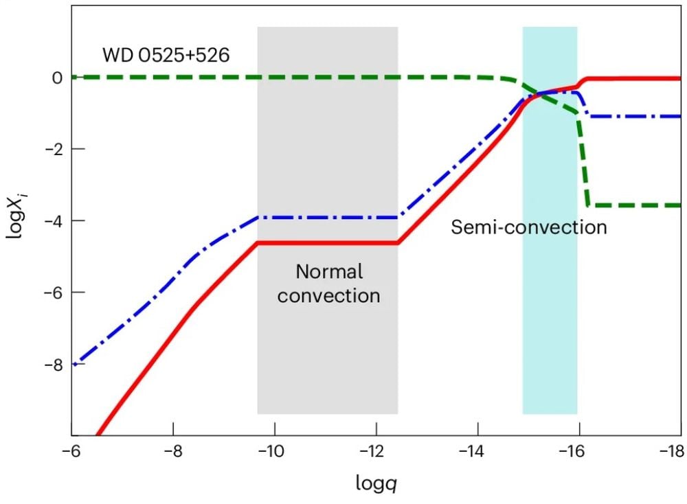 На рисунке показано, что полуконвекция доставляет в верхние слои белого карлика меньше углерода, чем обычная конвекция. Красным цветом обозначен водород, синим — гелий, а зелёным — углерод. Полуконвекция позволяет тонкой водородно-гелиевой оболочке плавать на поверхности WD 0525+526, что объясняет, почему у этого красного карлика меньше углерода на поверхности, чем у более холодных звёзд DAQ, наблюдаемых спустя долгое время после их слияния