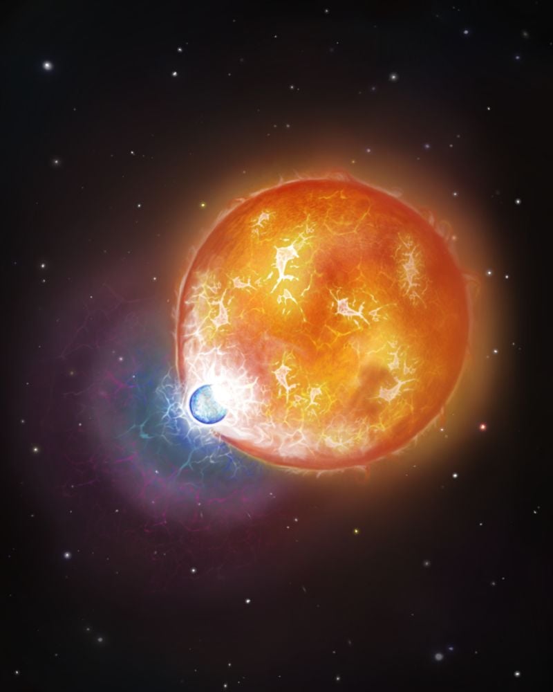 Иллюстрация художника (не в масштабе), изображающая слияние белого карлика с гораздо более крупной звездой. Такие слияния могут быть причиной образования сверхмассивных белых карликов.