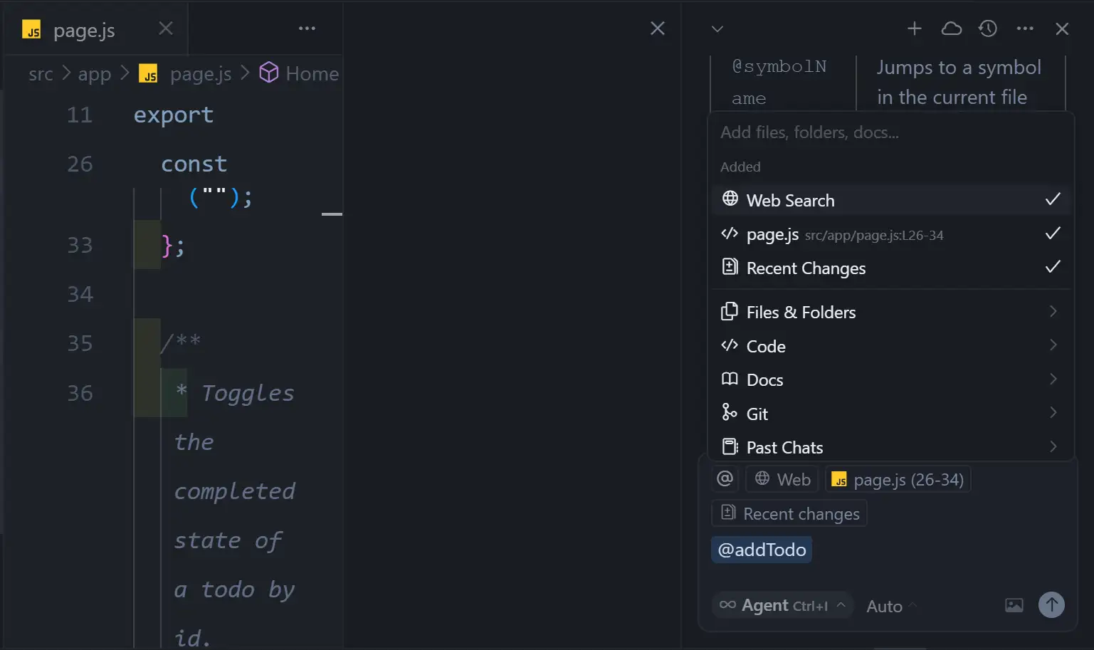 Всплывающая панель для добавления различных элементов в контекст AI-чата