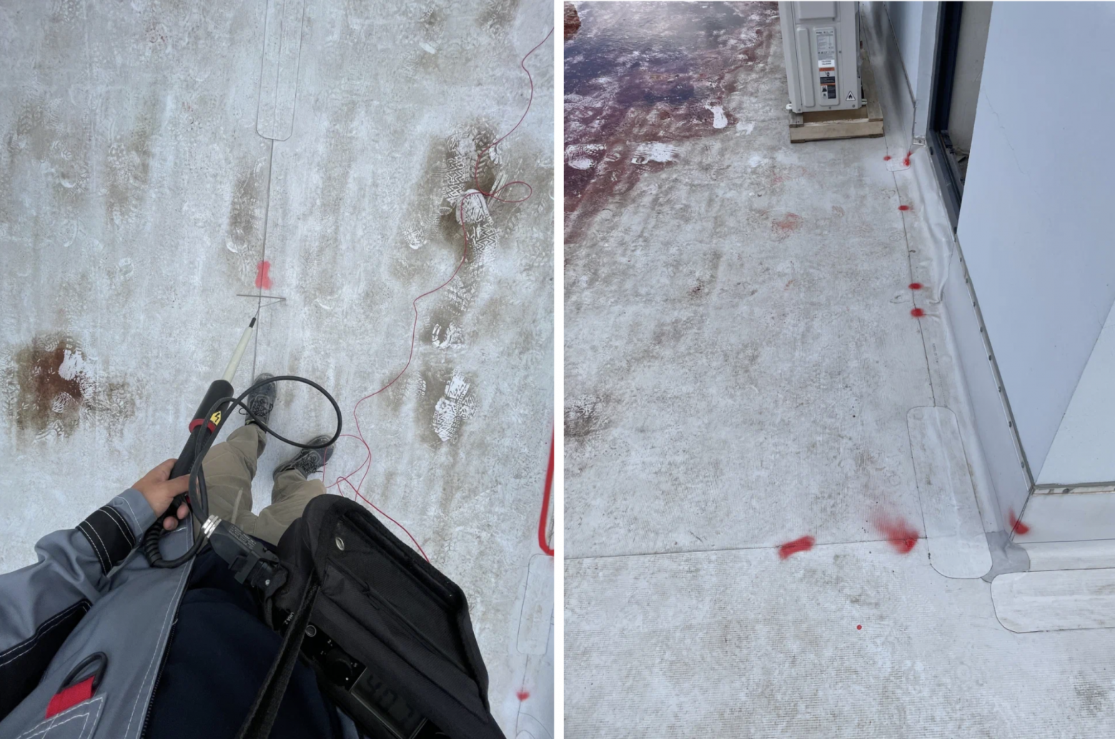 На всей кровле — сотни красных отметок. Общего фото, к сожалению, нет, но вот пример: шов у двери. Больше всего дефектов — именно в местах соединения полотен мембраны.