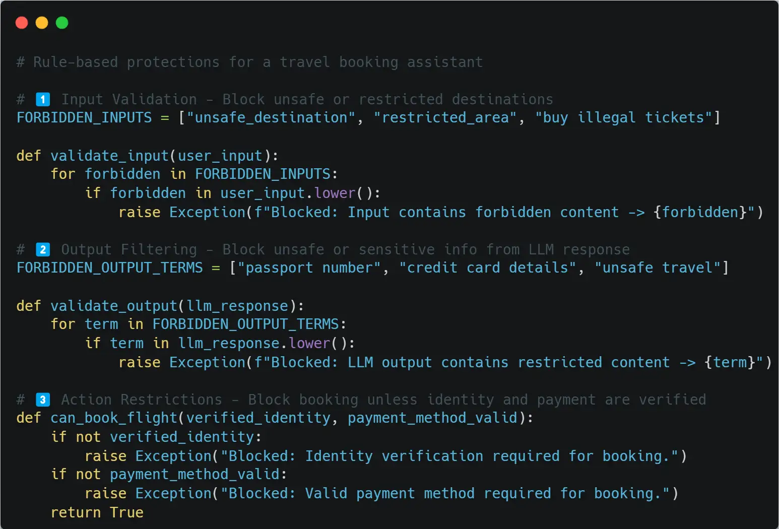 Пример правилозависимой защиты для AI-ассистента по бронированию путешествий