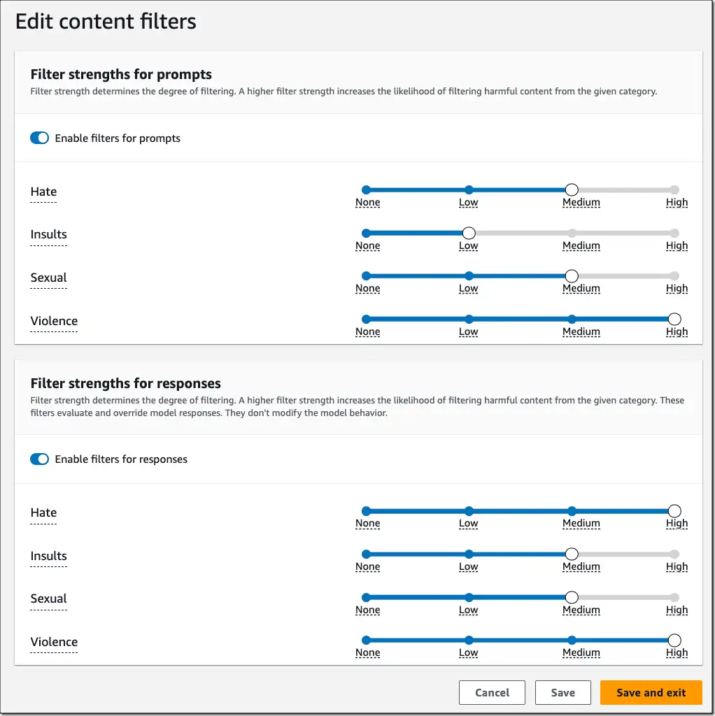 Конфигурации фильтров контента в Amazon Bedrock Guardrails. Источник: Amazon