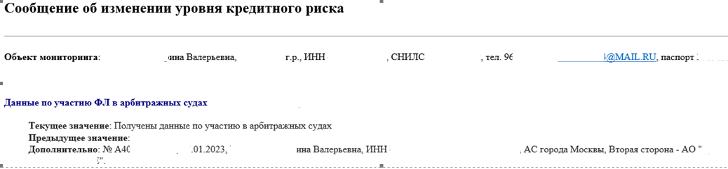 Пример уведомления о выявленной негативной информации