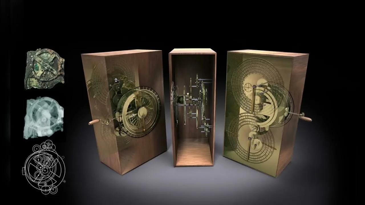 Найденные археологами остатки и современная реконструкция Антикитерского механизма: сложного механического устройства I века до нашей эры, предназначенного для астрономических и астрологических вычислений, разработан и создан, предположительно, в эллинистической Александрии