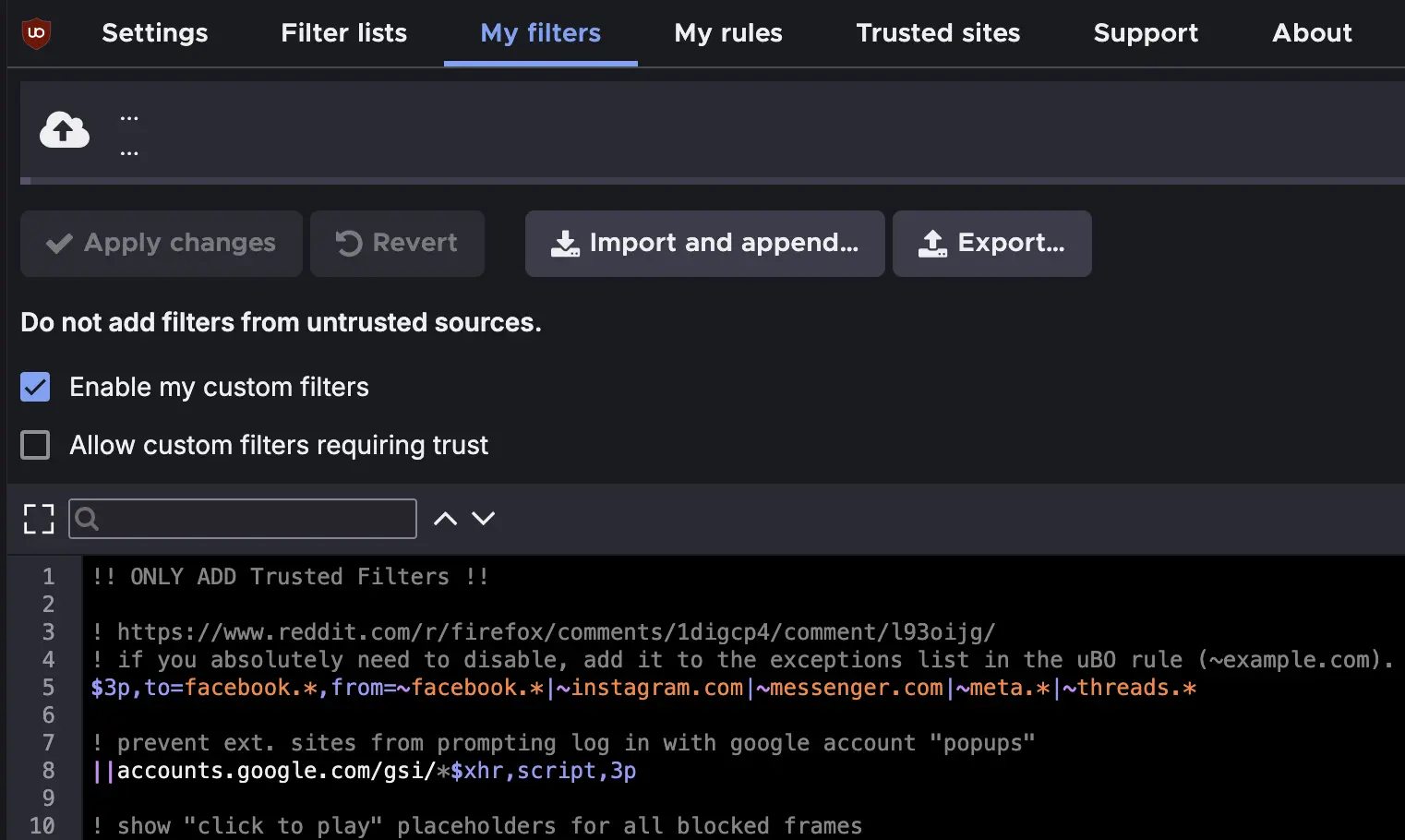 Кастомный фильтр uBO: снова спасибо fsau с Reddit 
