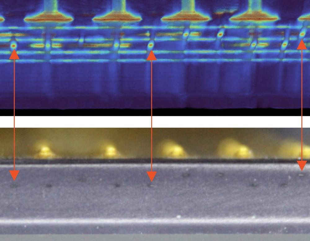 A close-up of the side of the package compared to the CT scan, showing the edge contacts. I lightly sanded the edge of the package to make the contacts more visible. Even so, they are almost invisible.