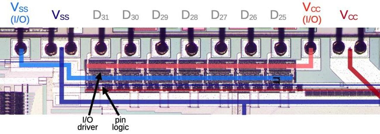 A close-up of the top of the die, showing the power wiring and the circuitry for seven data pins.