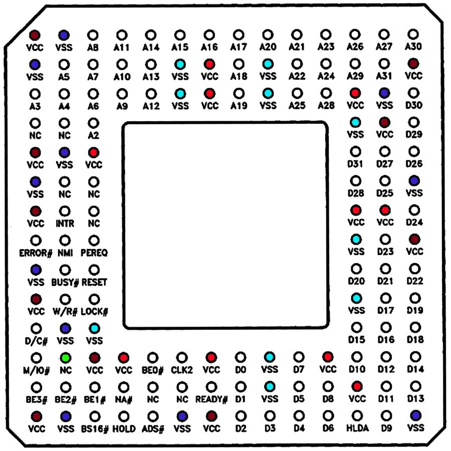 The pinout from the Intel386DX Microprocessor Datasheet. This is the view from the pin side.