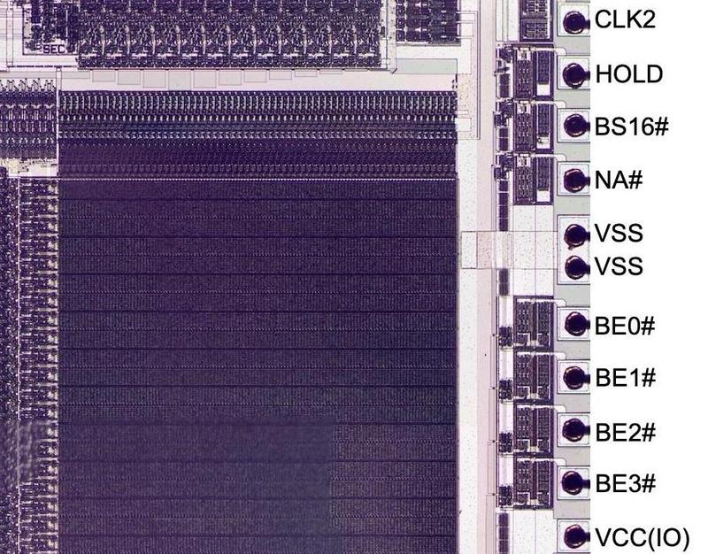 A close-up of the 386 die showing the labels for some of the pins.