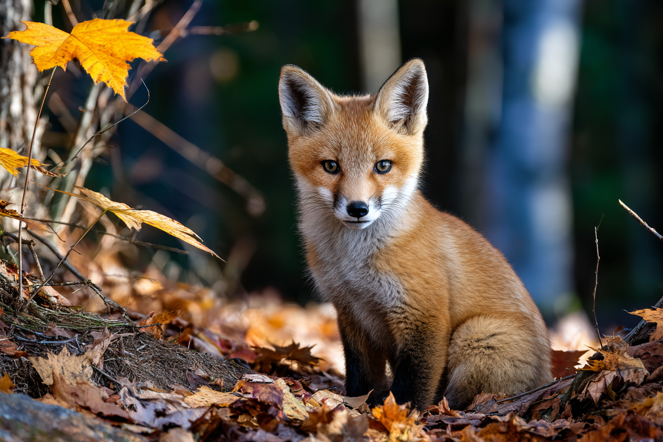 маленький рыжий лисёнок, сидит на опушке, уши настороже, вокруг — опавшие листья, тихое осеннее утро