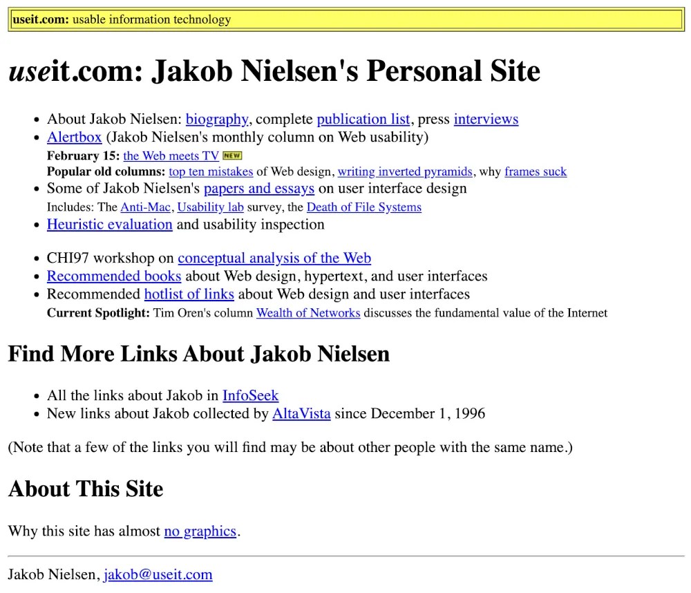 Веб-сайт Джейкоба Нильсена «Useit» на февраль 1997. Копия сохранена благодаря Wayback Machine. Useit, February 1997