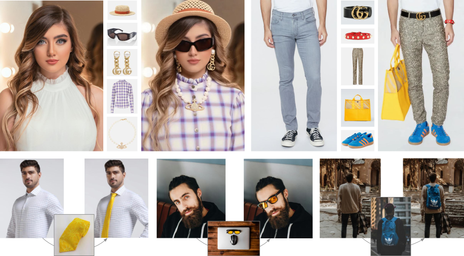 Результаты виртуальной примерки различных носимых предметов, сгенерированные OmniTry, которая поддерживает изображения объектов на белом или естественном фоне и даже результаты примерки в качестве входных данных.: