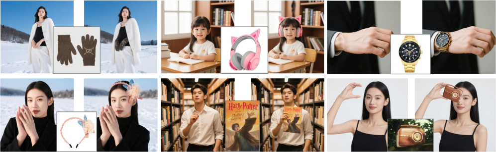 Результаты виртуальной примерки OmniTry, дообученного на необычные классы носимых или удерживаемых в руках предметов.: