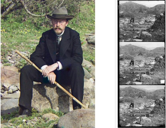 Автопортрет фотографа в Грузии,1912 год. Справа три негатива, из которых собрано цветное изображение.