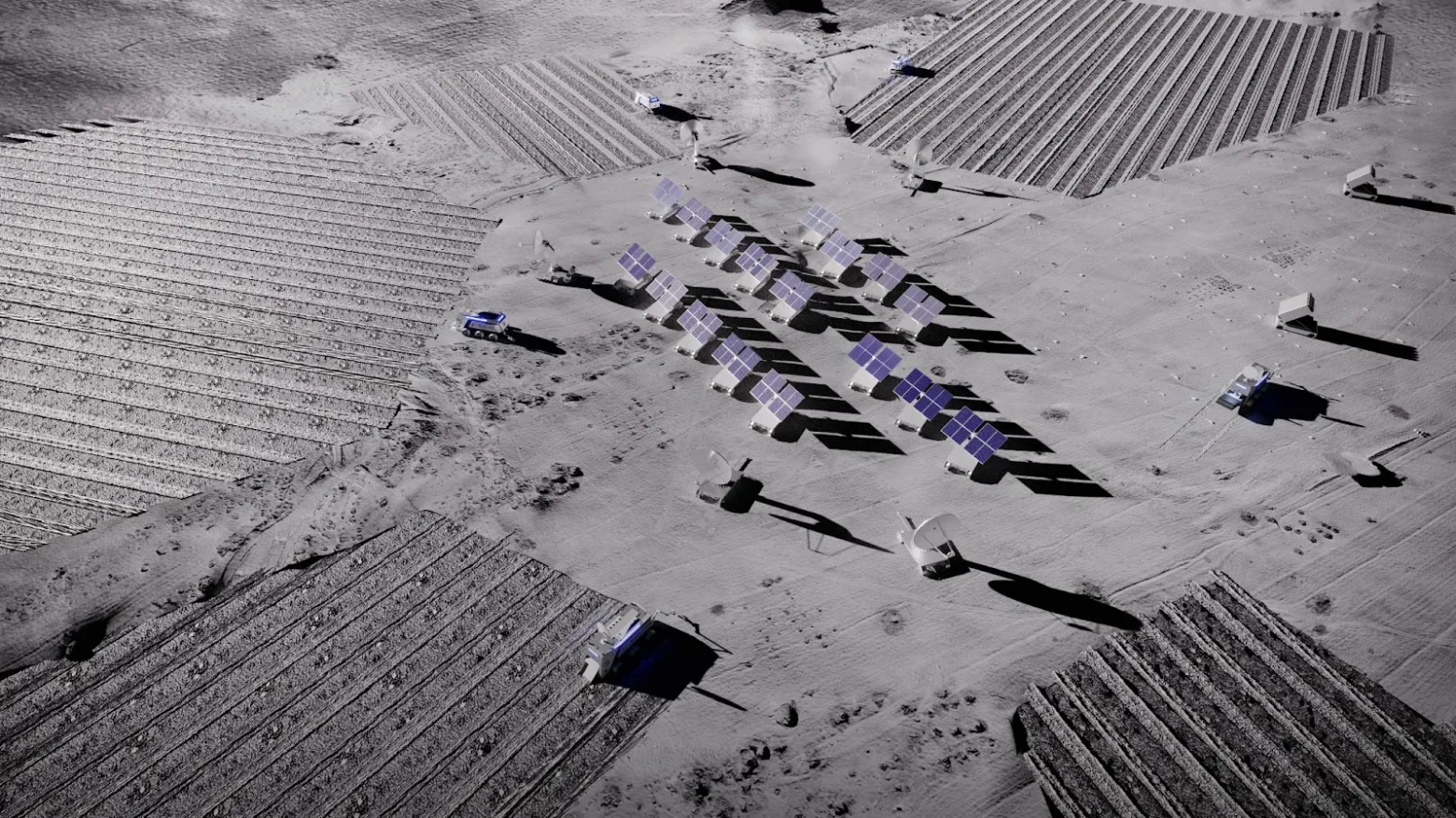 Иллюстрация, изображающая лунную добычу гелия-3 с участием комбайнов, солнечной электростанции, роверов и пусковых установок. Credit: Interlune