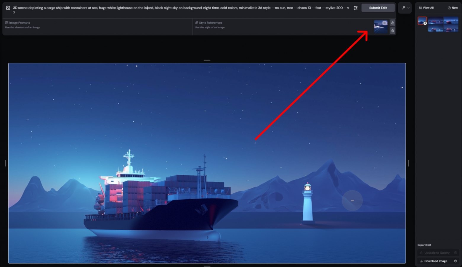 Пример того, как из одного изображения подхватывается стиль и с помощью измененных объектов в промте создаётся новая картинка
