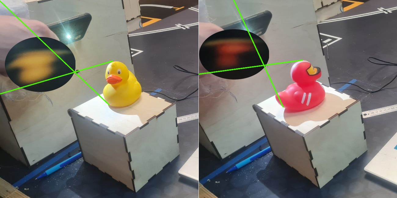 Демонстрация: в круге изображение с листа (матрицы камеры), зелёными линиями показаны пути света от объекта через отверстие.