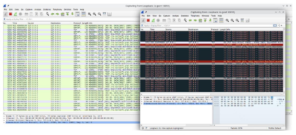 Дамп трафика по двум портам: 10051 (слева) и 10053 (справа). Порт 10053 блокировался фаерволом
