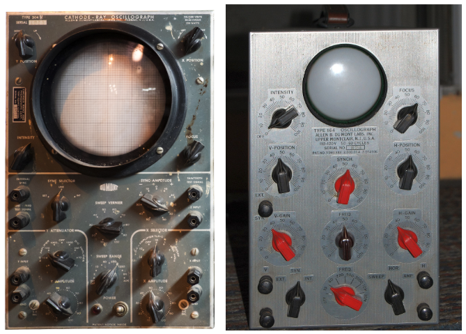 Слева — первый коммерческий осциллограф DuMont 304 1934 года, справа — DuMont 164 1940 года