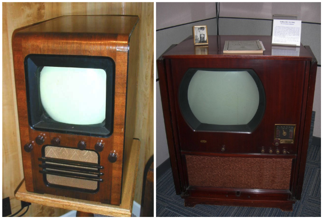 Слева — DuMont 180 1938 года. Справа — DuMont Big Screen с диагональю 19 дюймов, 1950 года