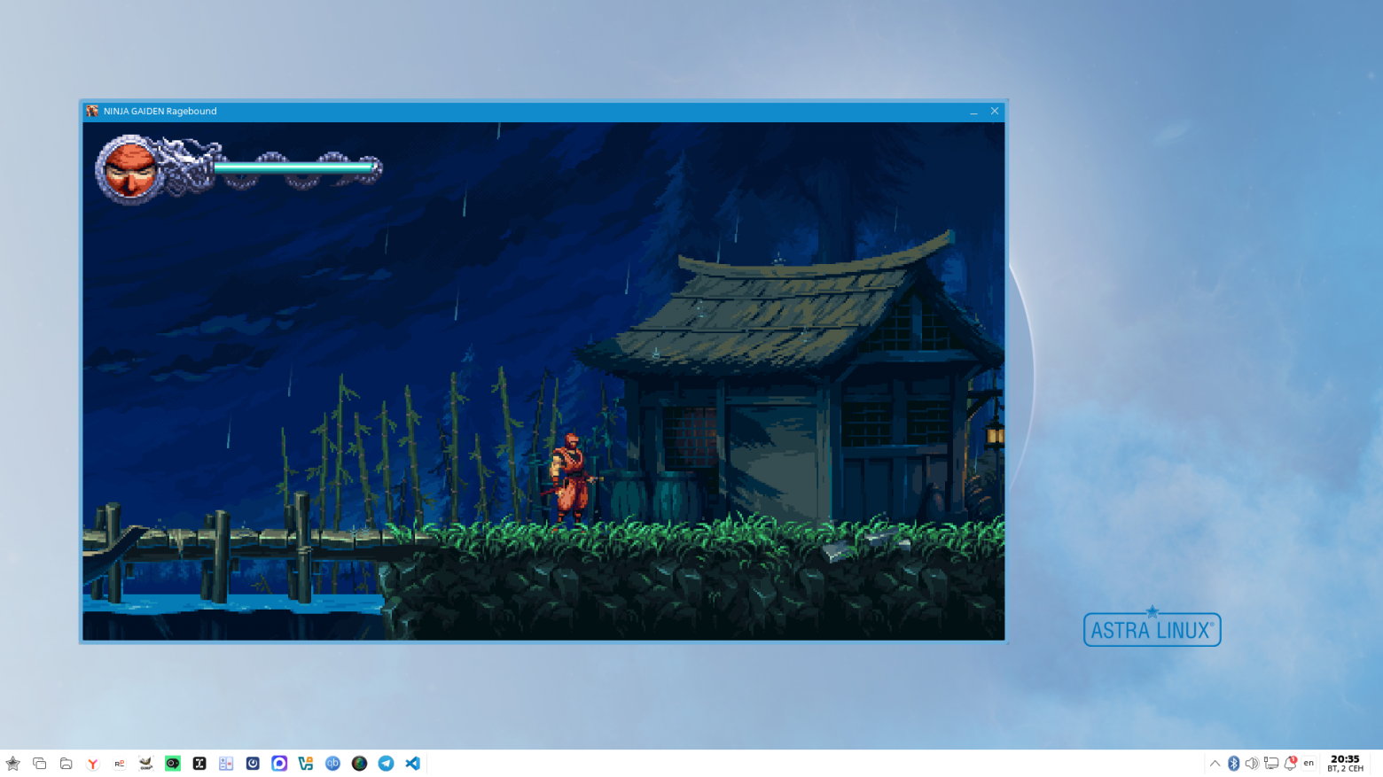 Современная windows-игра 2025 года Ninja Gaiden Ragebound (выполнена в стилистике оригинальной серии с NES (у нас известна как Денди). Запущена средствами Wine.