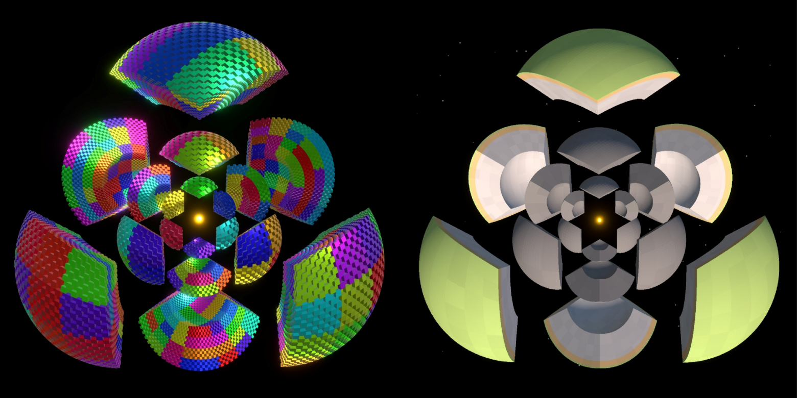 На скриншотах показано, как шарообразная планета «разорвалась» на различные секторы и оболочки, причём, заметно светящееся ядро.Слева: фрагменты в случайной раскраске, каждый второй блок отсутствует. Справа: полностью достроенные оболочки в более естественной цветовой гамме.