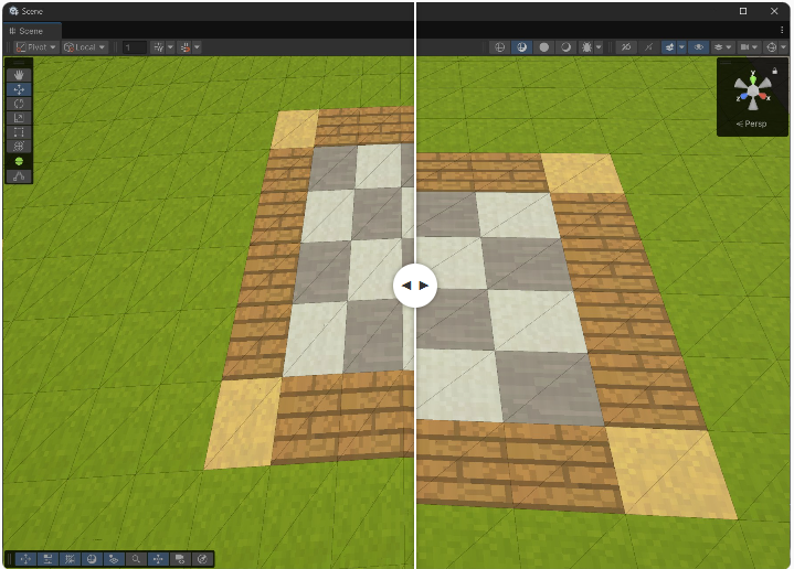 Слева: Паттерн блоков в случае нормализации заданной по умолчанию квад-сферы. Справа: паттерн блоков в проекции со сниженным искажением.