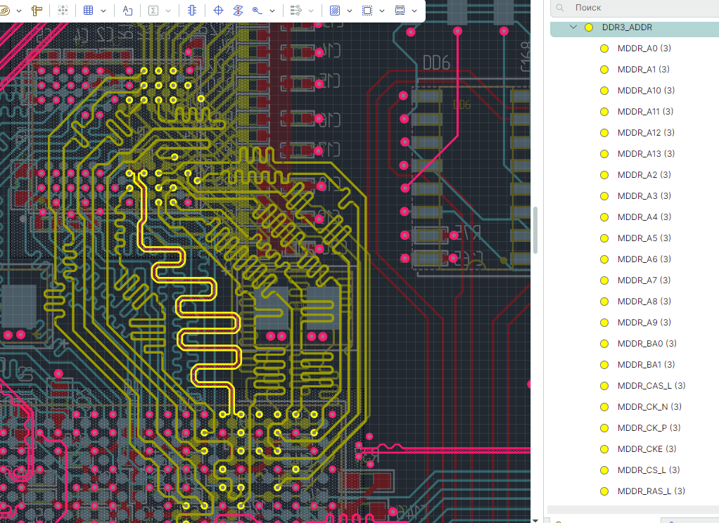Рис.3. Группы сигналов DDR3_ADDR  на 3 и 8 слое  