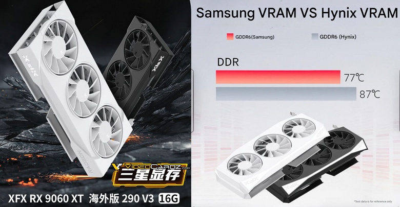 У видеокарт Radeon RX 9060 XT с памятью Samsung нагрев и потребление намного ниже, чем у версий с памятью Hynix
