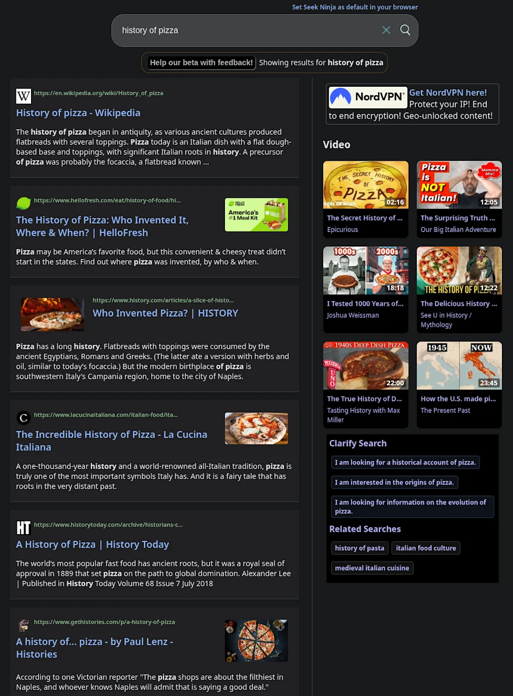 Seek Ninja, более приватный из двух поисковиков Пирса, не сохраняет ваш профиль и не использует геолокацию — отличный вариант для режима инкогнито
