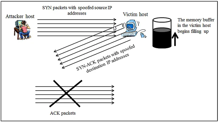 Атака TCP SYN. Злоумышленник отправляет рой SYN-пакетов, IP-адреса которых обеспечивают спуфинг. Поражённый хост обрабатывает пакеты по медленному пути, на котором требуется выделять память в форме состояния соединения для каждого SYN. Хост отправляет SYN-ACK на фиктивный исходный адрес SYN, поэтому никакого отклика не получает. В конце концов, соединение будет разорвано по истечении времени ожидания, но ущерб уже будет нанесён. Злоумышленник уже вынудил жертву истратить процессорное время и выделить память без какого-либо полезного эффекта. Атака состоится, когда поражённый хост начнёт отбрасывать те нормальные SYN-пакеты, для которых должен был бы установить соединение. Источник иллюстрации: Research Gate.