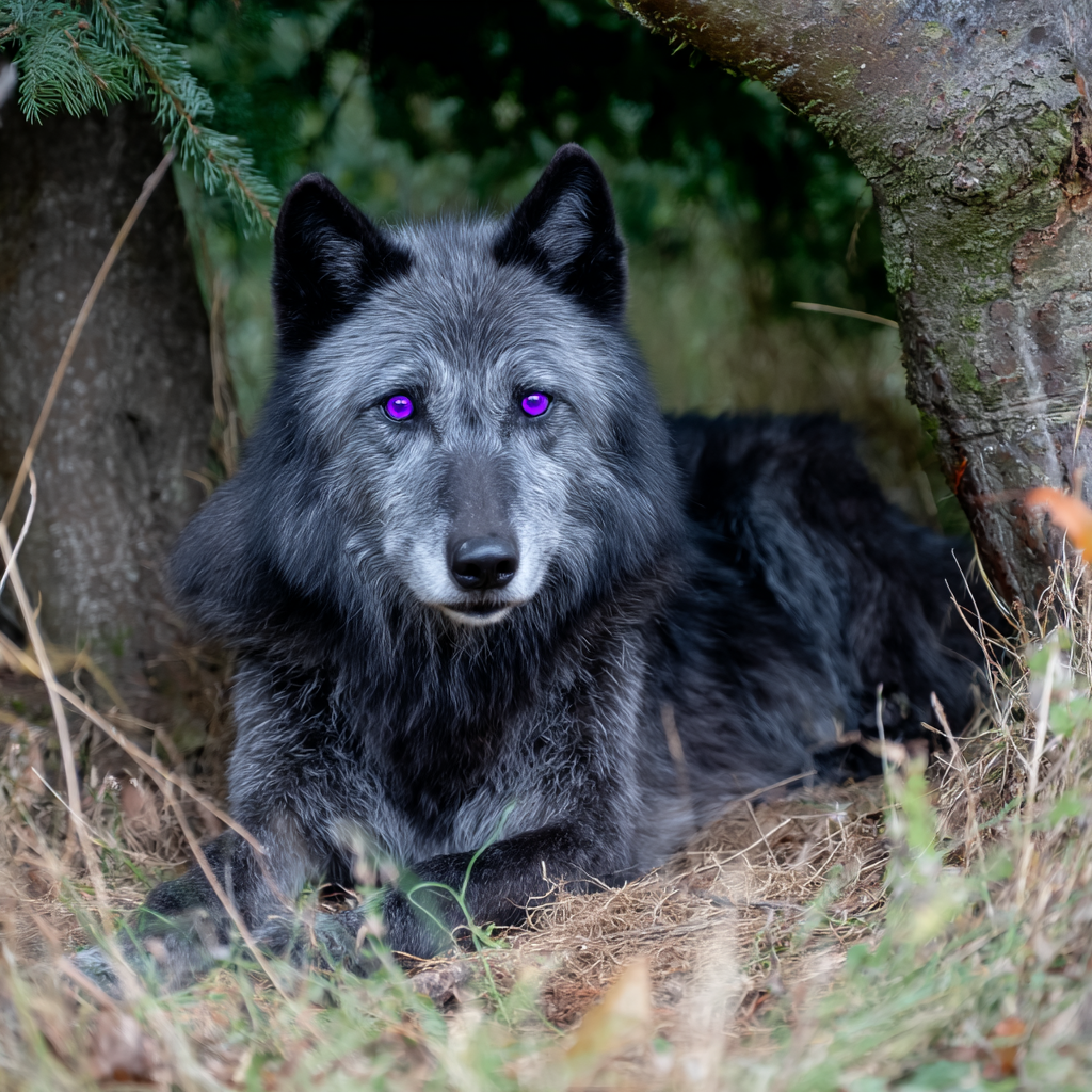 A dark gray wolf with purple eyes looking at the camera