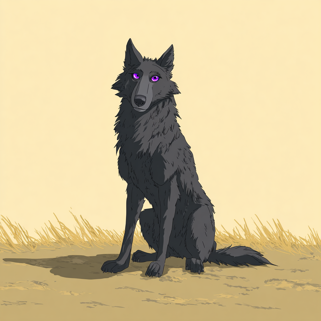 A dark gray wolf with purple eyes sits on the plain. Style: Cartoon