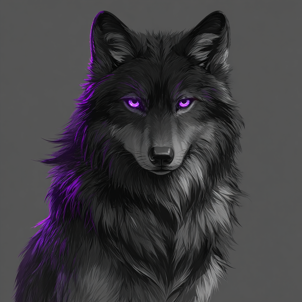 A dark gray wolf with purple eyes --no plants
