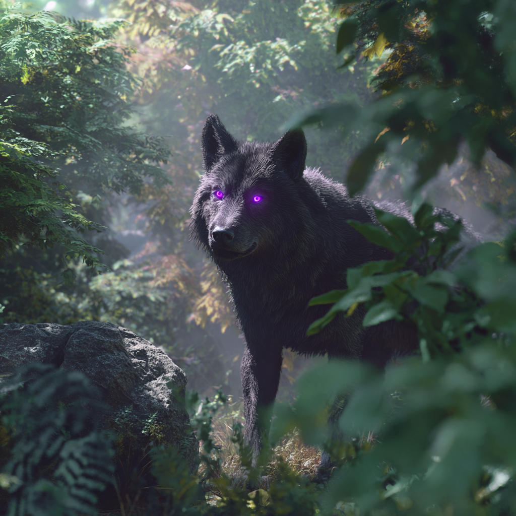A dark gray wolf with purple eyes::1 forest::2