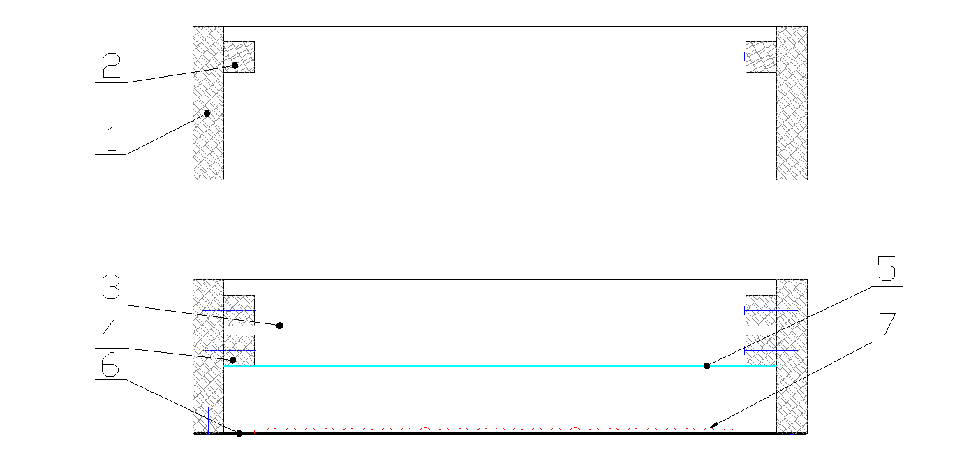 Рис. 2.1. Простая утилитарная коробка с подсветкой для превращения витража в плоский настенный светильник может выглядеть так. Сверху — коробка перед сборкой светильника, внизу — светильник в сборе, где: 1 — деревянная рама; 2 — бортики; 3 — витраж; 4 — контррейки, они же — дистанцирующий (для светорассеивателя) элемент; 5 — рассеиватель света; 6 — плоская лампа подсветки на основе светодиодной ленты; 7 — светодиодная лента. Блок питания низковольтной (-12 В) ленты может быть как внешним (удобнее), так и внутренним (нередко надёжнее)