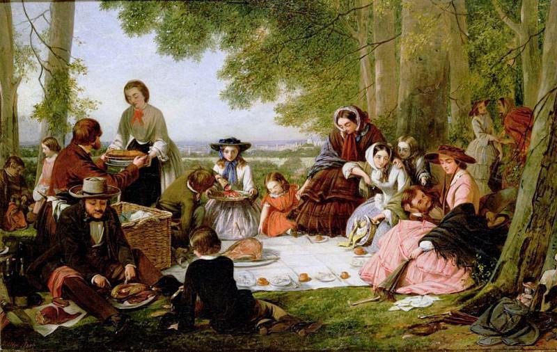 Генри Нельсон О'Нил, «Пикник», 1857 год, редкий пример аутентичной британской картины с пикником. Странно, но английские живописцы викторианской эпохи пикники при всей их популярности практически не изображали. Если на картине XIX века наблюдается вроде бы классический английский пикник — скорее всего это работа американского живописца. Ну а если дамы не очень одеты, то французского.