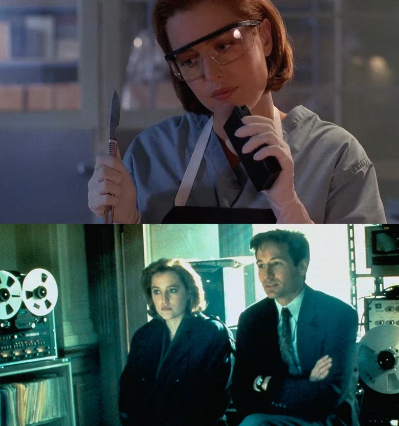 Малдер и Скалли в окружении магнитной ленты