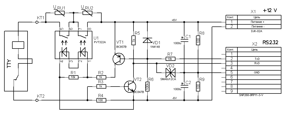Схема подключения телетайпа к COM-порту 
